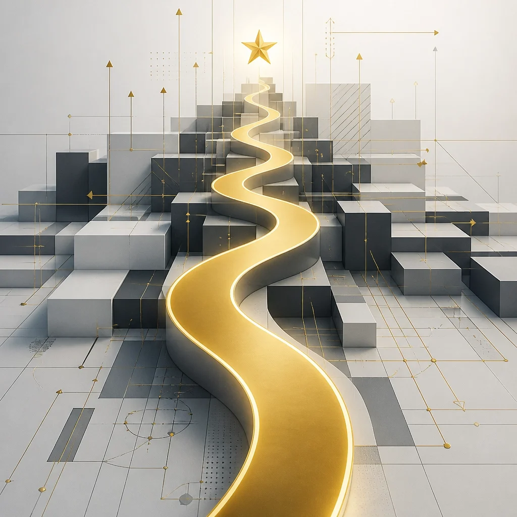 Bold Leadership Path The Method Page A winding golden path leads to a star over abstract gray structures.