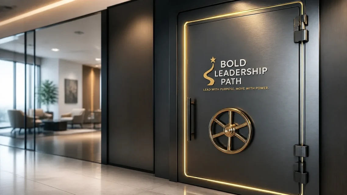 “Ready to Lead with Confidence” Black vault door with a gold emblem featuring "Bold Leadership" in a modern office setting.