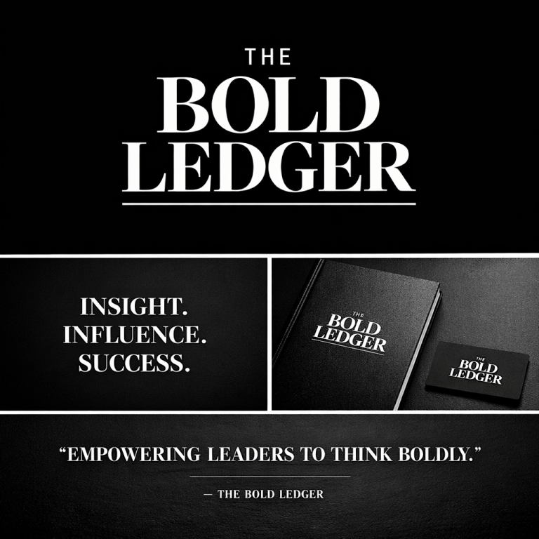 Text promoting "The Bold Ledger" with phrases about insight, influence, and success.