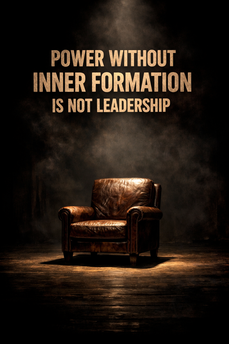 A vintage brown chair with dramatic lighting and a quote about leadership above it.