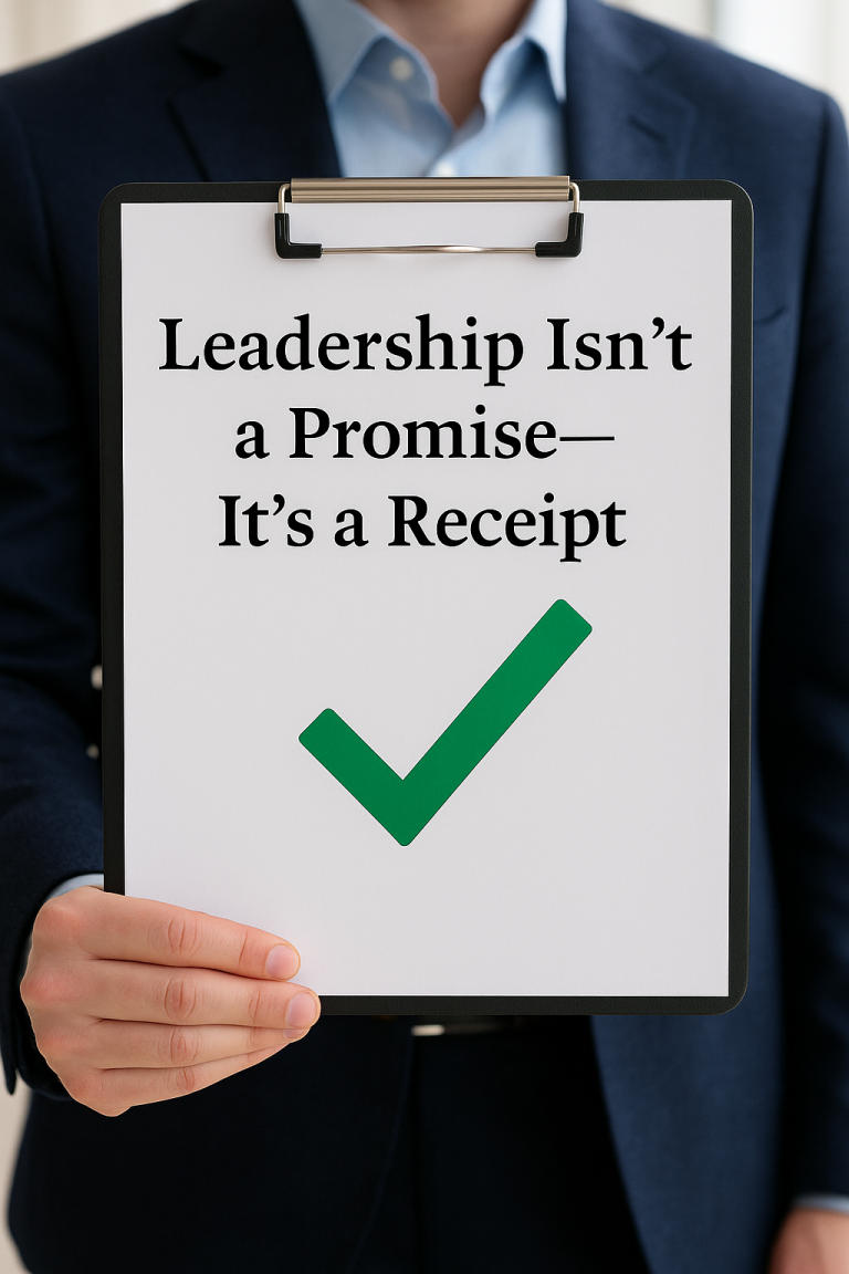 Person holding a clipboard with the text: "Leadership Isn't a Promise—It's a Receipt" and a checkmark.