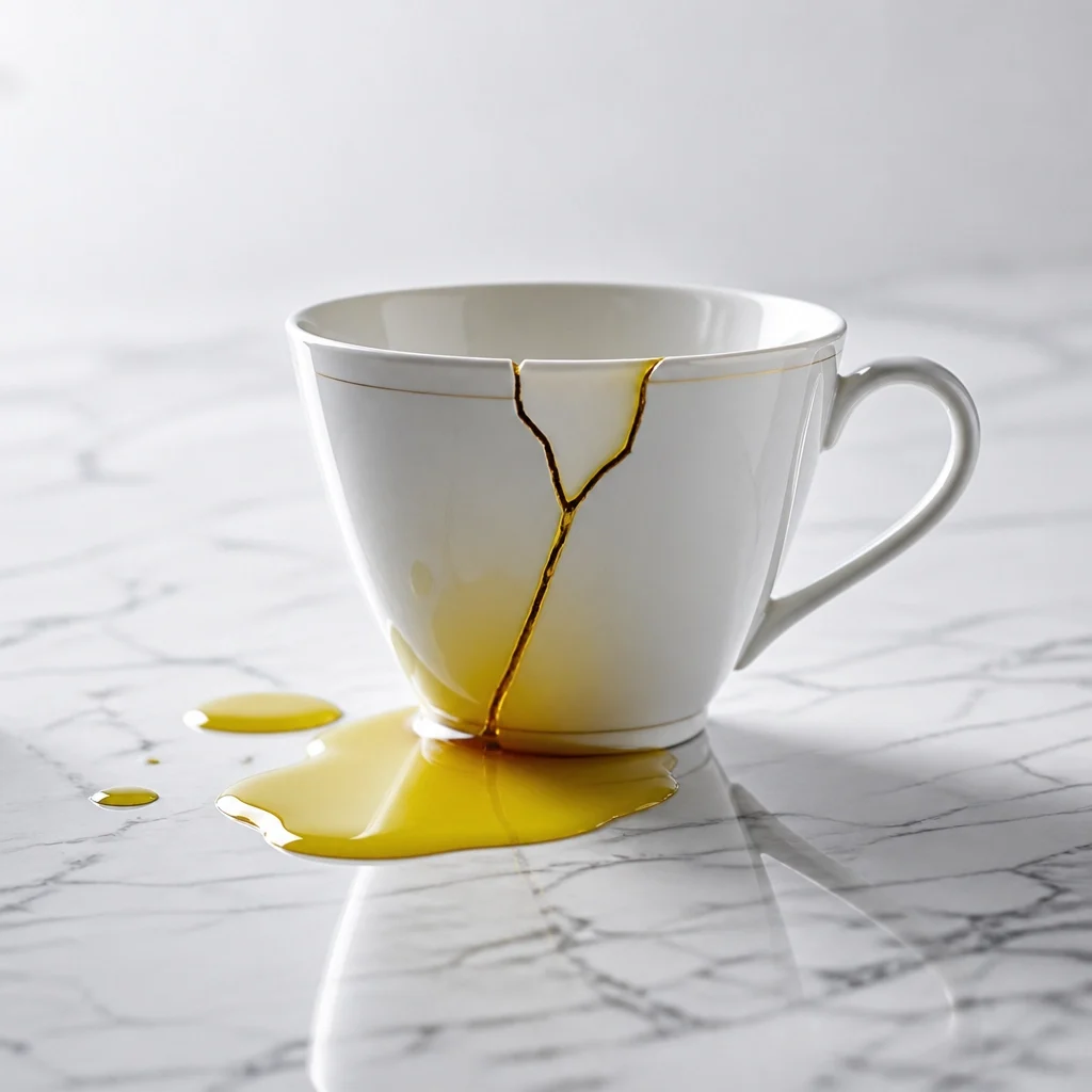 Bold Leadership Path The Method Page A cracked white cup with yellow liquid spilling onto a marble surface.